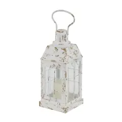 White Iron Vintage Candle Holder Lantern, 14" x 7" x 7"