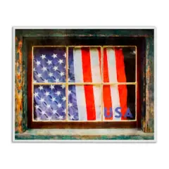 Stupell Industries Patriotic American Flag Rustic Window Festive Home Framed Giclee Art White