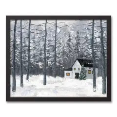 Painted Winter Cottage Black Framed Canvas Wall Art