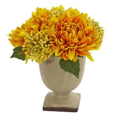 12" Yellow Mum Arrangement in Decorative Planter