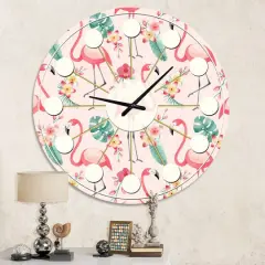 Designart 'Tropical Botanicals, Flowers And Flamingo Ii Mid-Century Modern Wall Clock