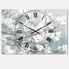 Designart Blue On Grey Blossoms Traditional 3 Panel Wall Clock