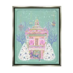 Stupell Industries Pink Ornate Christmas Building Gold Framed Floater Canvas Wall Art Gray