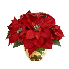 11" Red Poinsettia Arrangement in Golden Vase