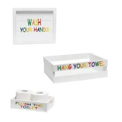 Elegant Designs Small White Wash Kids Towel Holder, Frame & Toilet Paper Holder Set