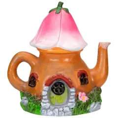 7" Solar Lighted Flower Tea Pot Outdoor Garden Statue