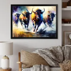 Designart 'Buffalo's Running' Animals Framed Canvas Wall Art Thick Black