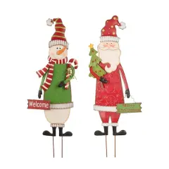 Glitzhome&reg; 3ft. Metal Snowman & Santa Yard Stake Set