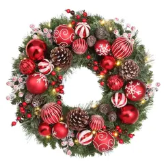 Haute Decor 26" Pre-Lit Holiday Times Red & White Ornament, Berry & Pinecone Wreath, Soft White LED Lights