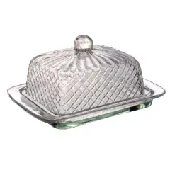 Hello Honey&reg; 6.75" Clear Embossed Reclaimed Glass Butter Dish