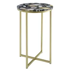 Walker Edison 16" Faux Stone Round Glam Side Table Faux Black Agate/Gold
