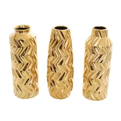 Gold Ceramic Dimensional Chevron Textured Vase with Varying Shapes Set