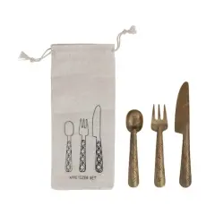 Hello Honey 3-Piece Hand-Forged Brass Appetizer Utensils with Etched Handles, Antique Finish
