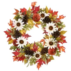 32" White Harvest Sunflowers & Pumpkins Wreath