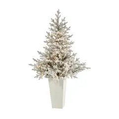 4.75ft. Pre-Lit Flocked Fraser Fir Artificial Christmas Tree in Tower Planter, Warm White Lights