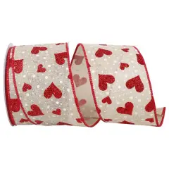 JAM Paper 2.5" x 10yd. Wired Faux Linen Heart Glitter & Dots Ribbon