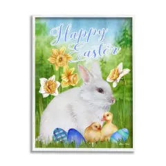 Stupell Industries Happy Easter Spring Bunny Rabbit Phrase Baby Chicks Framed Giclee Art White