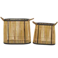 Brown Wicker Handmade Slatted Frame Storage Basket with Handles Set of 2 19", 14"