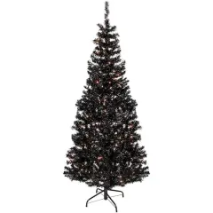 6ft. Pre-Lit Black Tinsel Artificial Christmas Tree, Clear Lights
