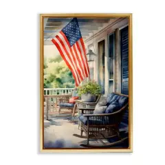 Stupell Industries Porch with American Flag Floater Framed Art Gold
