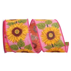 Reliant 2.5" x 10yd. Linen Wired Sunflowers In Line Ribbon Pink