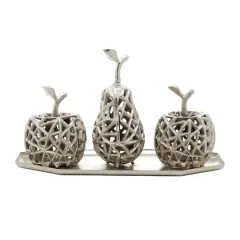 Silver Aluminum Contemporary Decorative Fruit with Tray, 8" x 14" x 8"