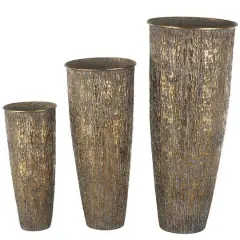 Brass Metal Abstract Tapered Textured Floor Decorative Vase with Gray Backing Set