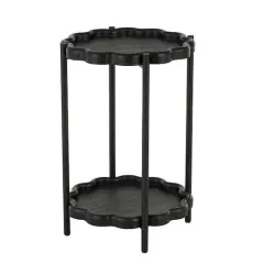 23.75" Black Wood Floral Inspired 2-Level Side End Accent Table with Metal Legs