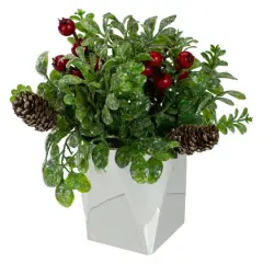 8" Green & Silver Potted Artificial Boxwood with Berries Christmas Arrangement