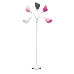 Simple Designs&trade; 5.6ft. 5-Light Gooseneck White Floor Lamp Pink White and Gray Shades