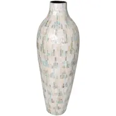 28" White Mother of Pearl Handmade Mosaic Inspired Vase with Pastel Blue & Pink Accents
