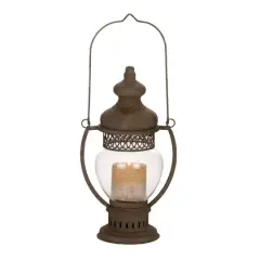14" Brown Iron Rustic Candle Holder Lantern