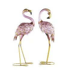 25" Pink & Gold Metal Flamingo Garden Sculpture Set with Dimensional Feathers