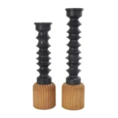 Black Metal Turned Style Pillar Candle Holder with Brown Wood Bases Set
