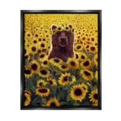 Stupell Industries Happy Bear Sunflower Field Floater Framed Art Black