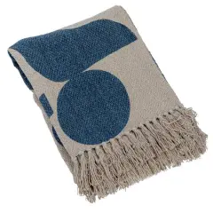 Hello Honey&reg; Blue & Beige Abstract Design Printed Woven Reclaimed Cotton Blend Throw Sheet with Fringe