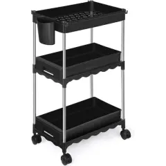 Black 3-Tier Utility Rolling Cart with Sliding Storage Drawer