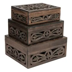 Hello Honey&reg; Espresso Carved Reclaimed & Mango Wood Nesting Boxes Set