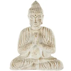 16" Cream & Brown Distressed Handmade Paper Mache Buddha Sculpture