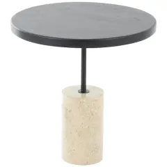 20.5" Black Wood Accent Table with Ivory Marble Base
