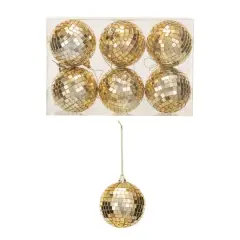 Hello Honey&reg; 6 Pack 3.5" Gold Finish Glass & Foam Disco Ball Ornaments with Acetate Box
