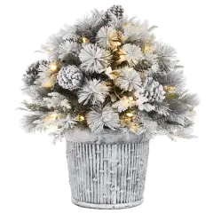 22" Pre-Lit Flocked Chiwawa Basin Pine Tree With Pinecones In Gray Pot, Clear LED Lights