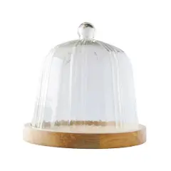 Hello Honey&reg; 8" Clear Round Reclaimed Glass Cloche with Mango Wood Base