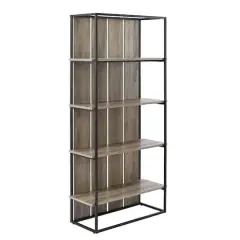 Walker Edison 64" Graywash & Black Metal Farmhouse Plank Back Bookshelf