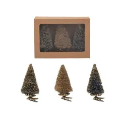 Hello Honey&reg; 4.5" Green & Cream Color Round Sisal Bottle Brush Tree Clip-On Ornament with Glitter Set