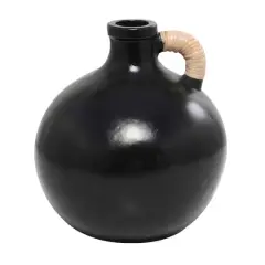 13" Black Ceramic Jug Inspired Vase with Rattan Wrapped Handle