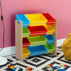 Kids Storage Organizer With 12 Plastic Bins Multi