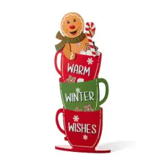 Glitzhome&reg; 34.5" Wooden Christmas Gingerbread Man on Coffee Cup Porch Decor