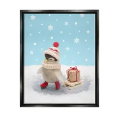 Stupell Industries Penguin Christmas Present Sled Framed Floater Canvas Wall Art Black