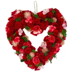 Red Wooden Rose Floral Heart Shaped Artificial Valentine's Day Wreath 10"